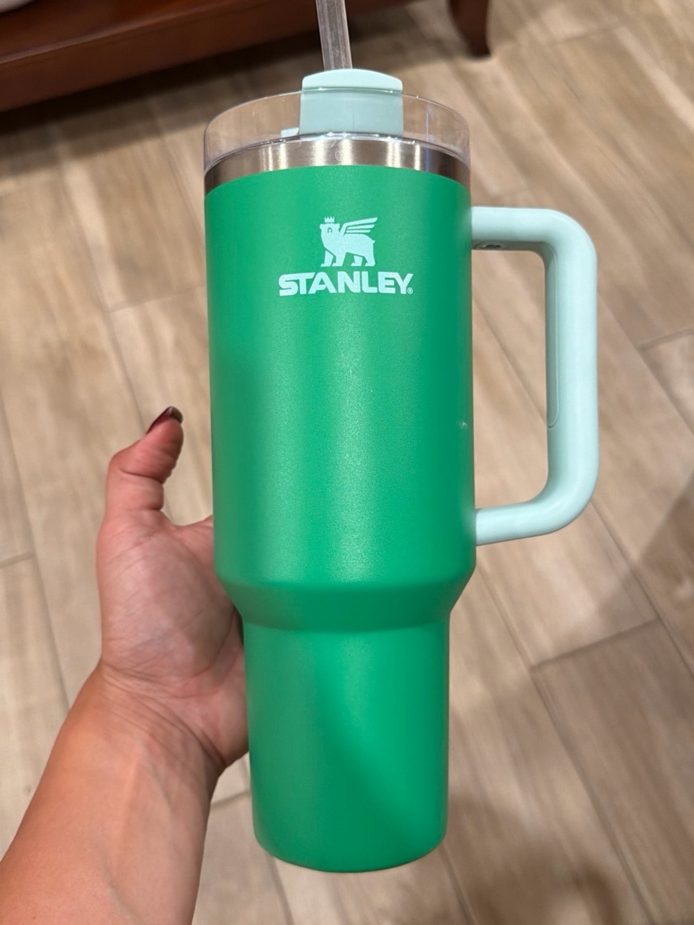 Stanley Green Travel Tumbler with Mint Handle and Straw Lid